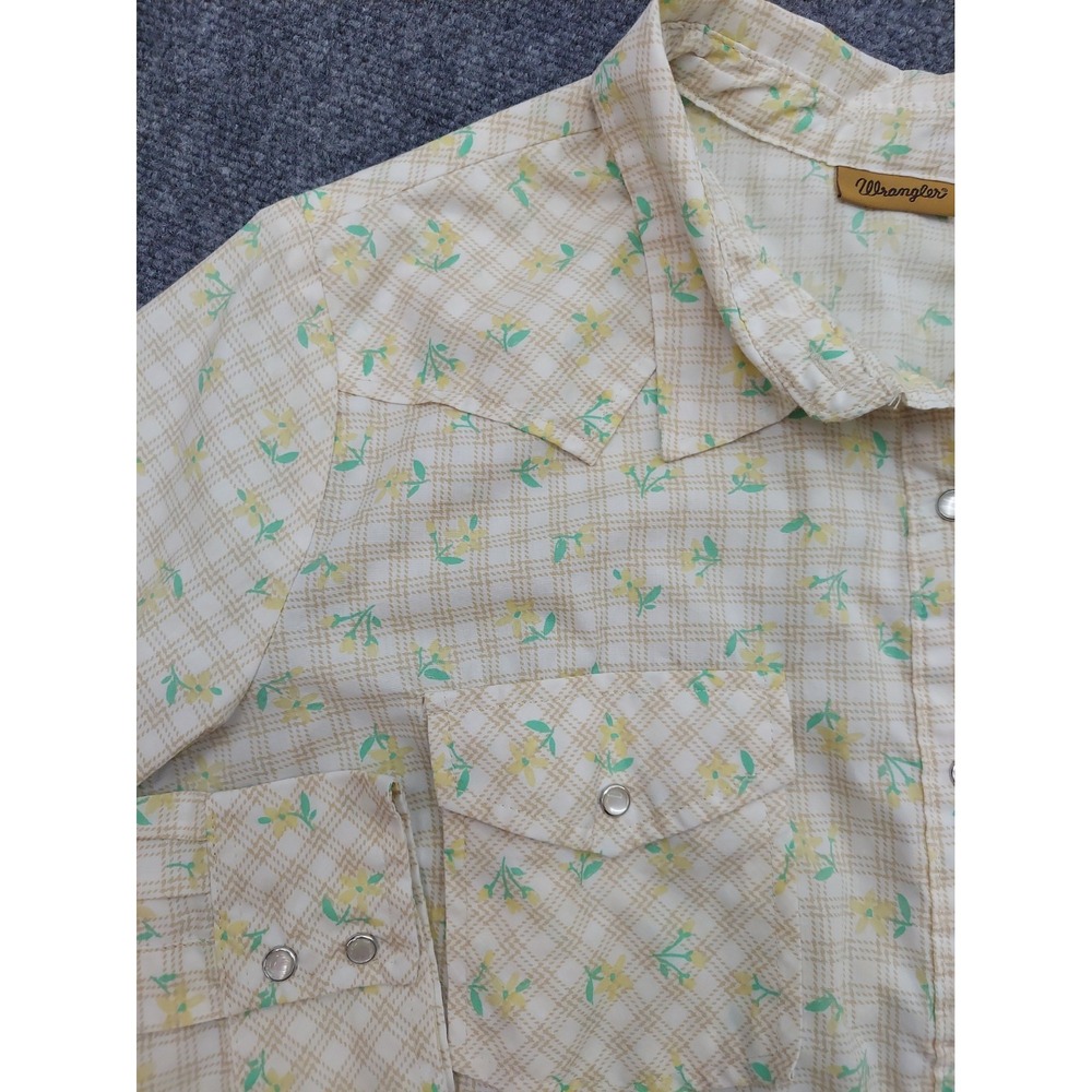 Vtg Wrangler Shirt Womens XL Beige Floral Pearl Snap Western Cowboy Core Rodeo